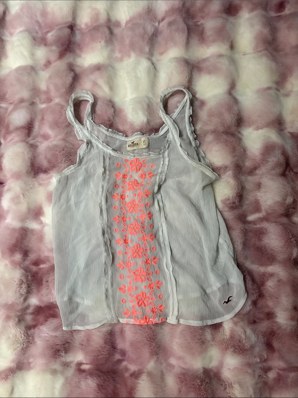 Hollister White Tank with Neon Coral Floral Embroidery